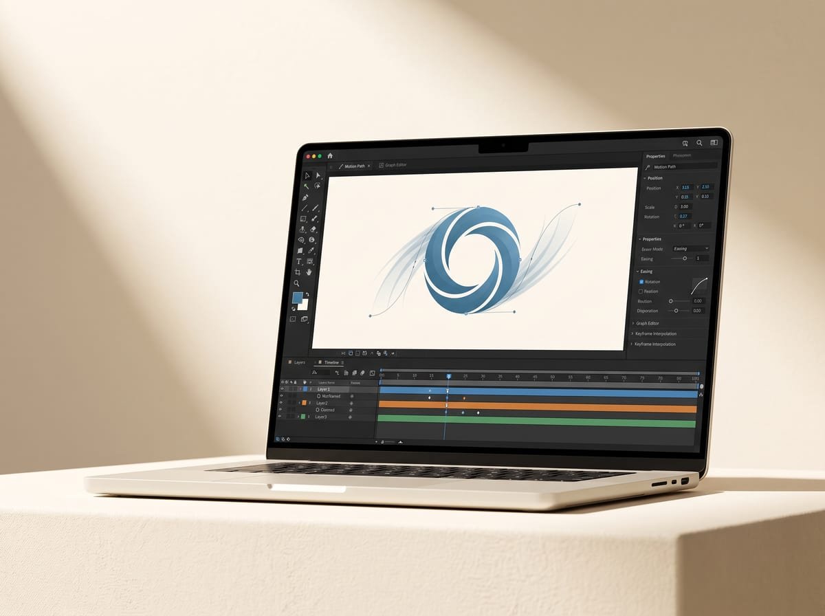Laptop con software de animación mostrando un logo azul en movimiento sobre la línea de tiempo