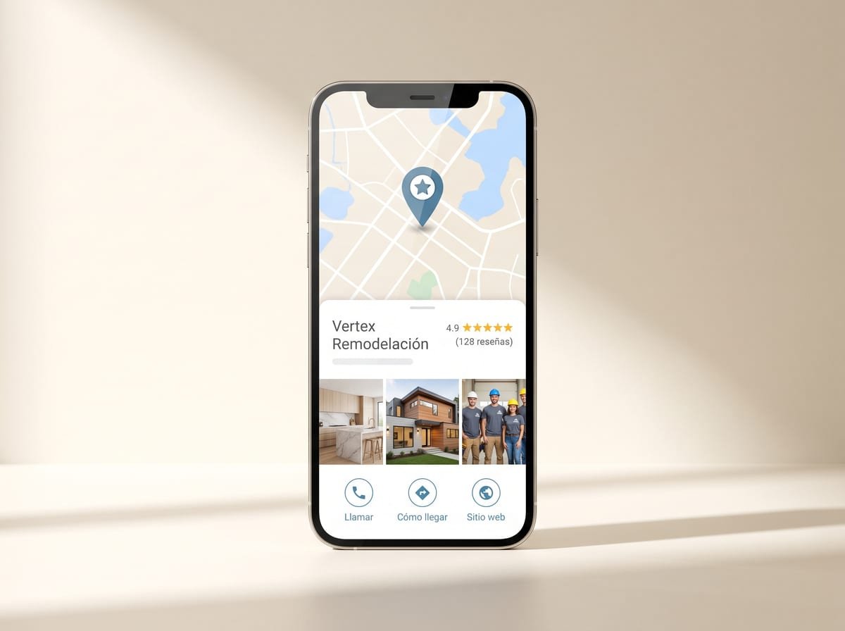 Teléfono con el perfil de negocio en Google: mapa, reseñas de cinco estrellas y botón de llamar