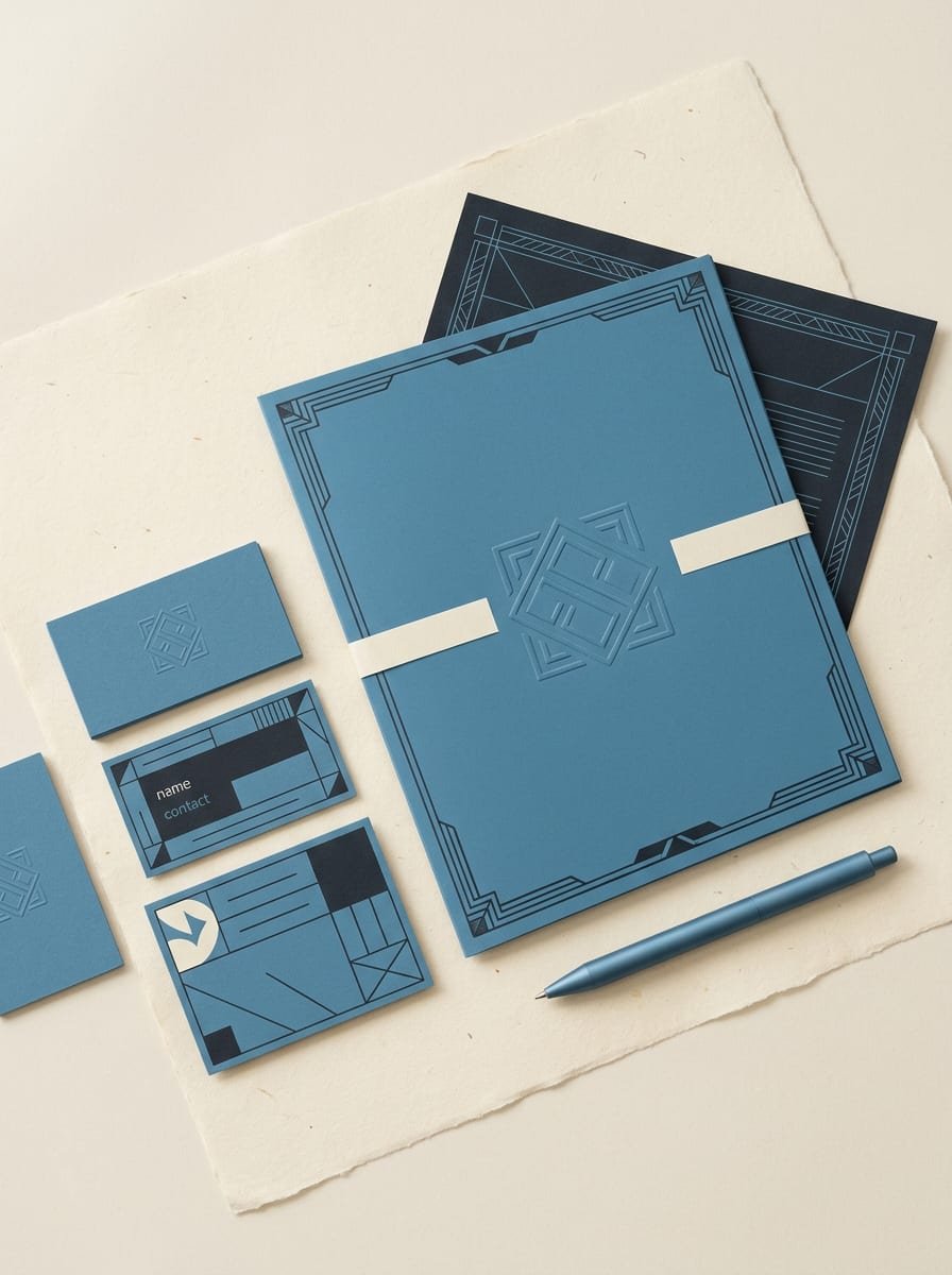 Set de papelería con identidad de marca en azul y marfil