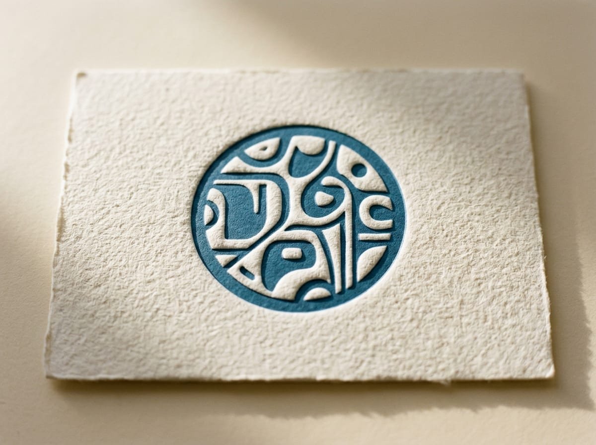 Tarjeta de papel con logo circular azul en relieve