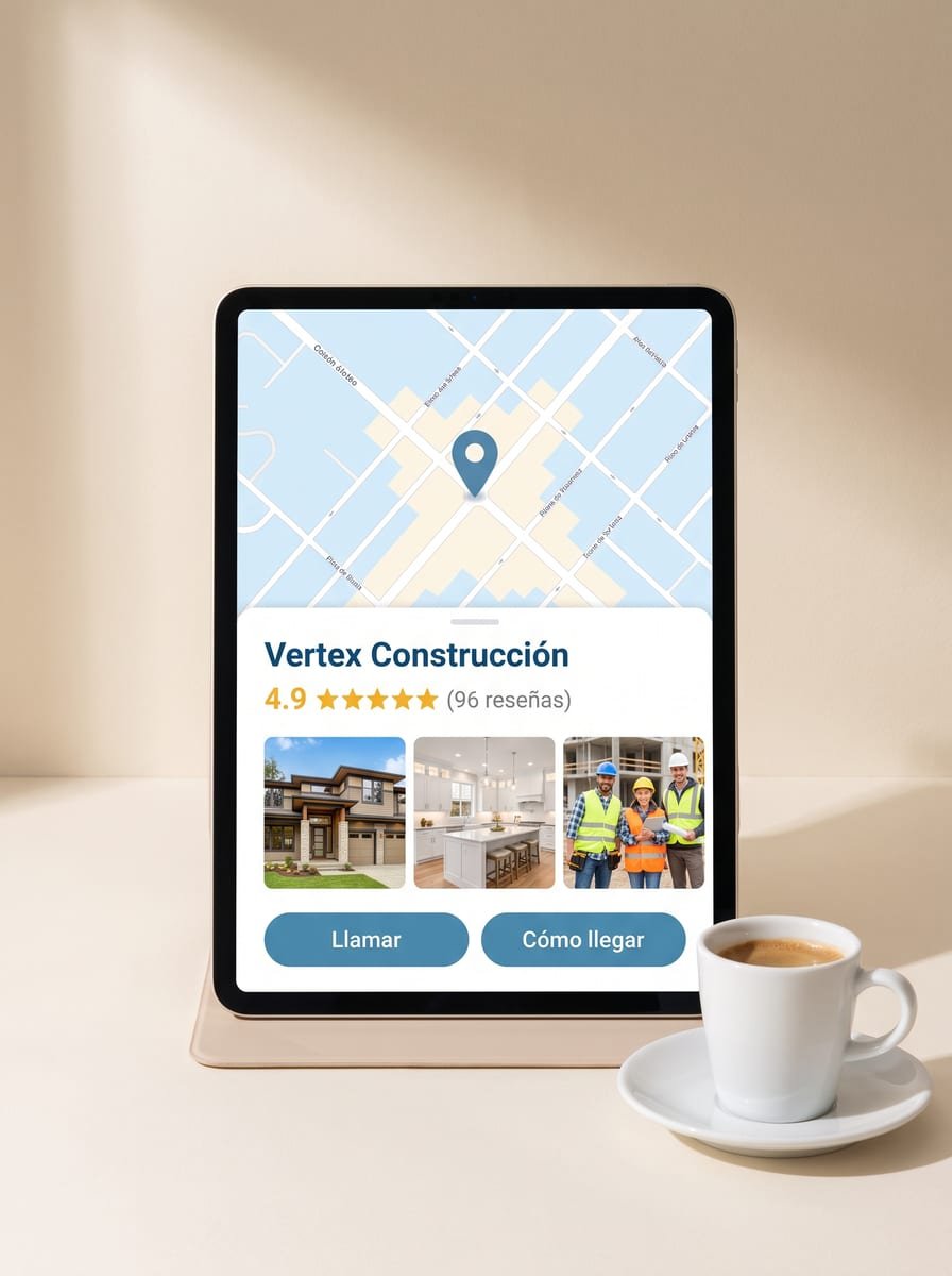 Tablet con el perfil de negocio en Google: mapa, reseñas y botón de llamar