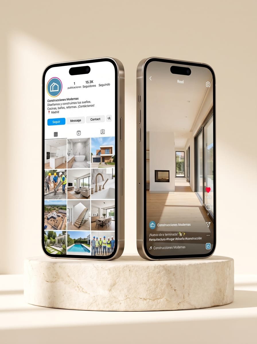 Dos teléfonos con el perfil de redes y un reel de una empresa de construcción