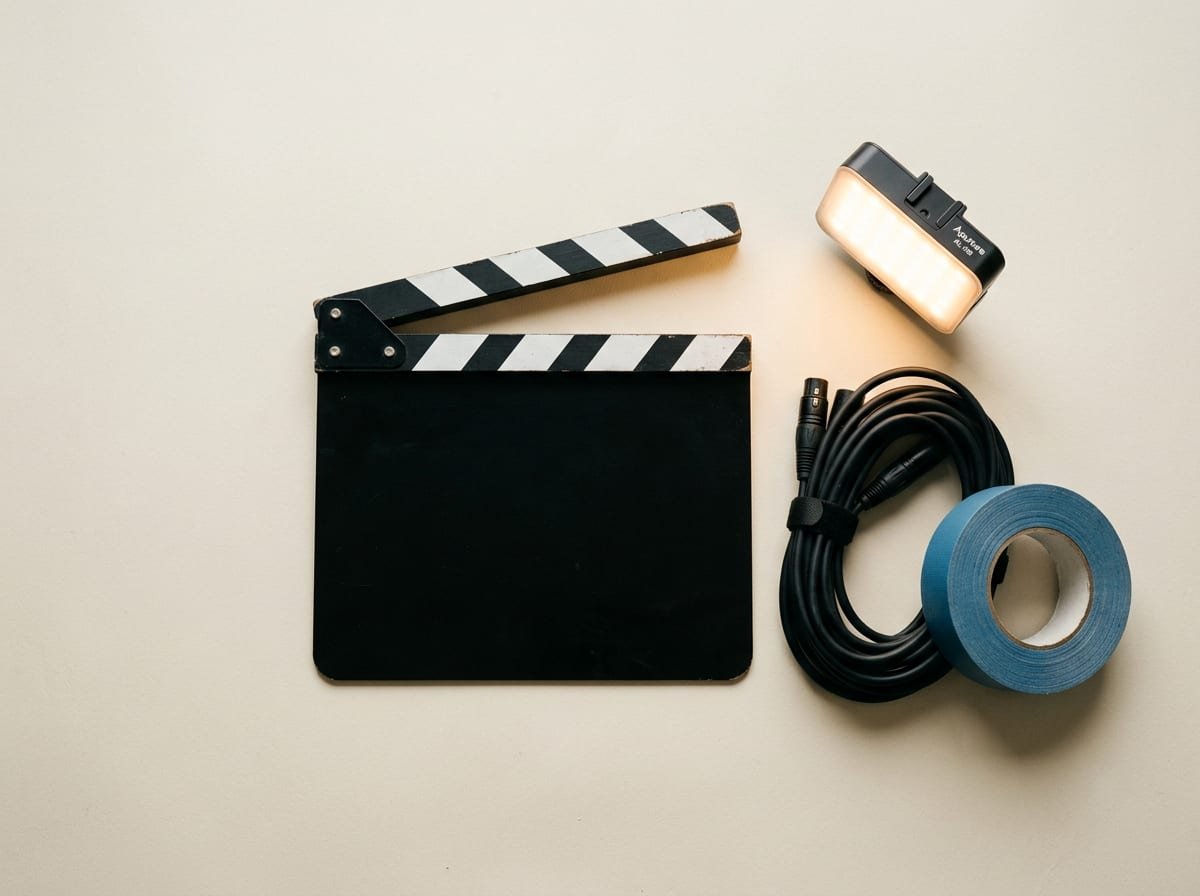 Claqueta y luz de cine sobre fondo marfil